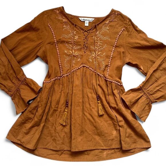 Tantrums Tops - Burnt Orange Embroidered Linen-Blend,Babydoll, Boho Tunic/Peasant Blouse